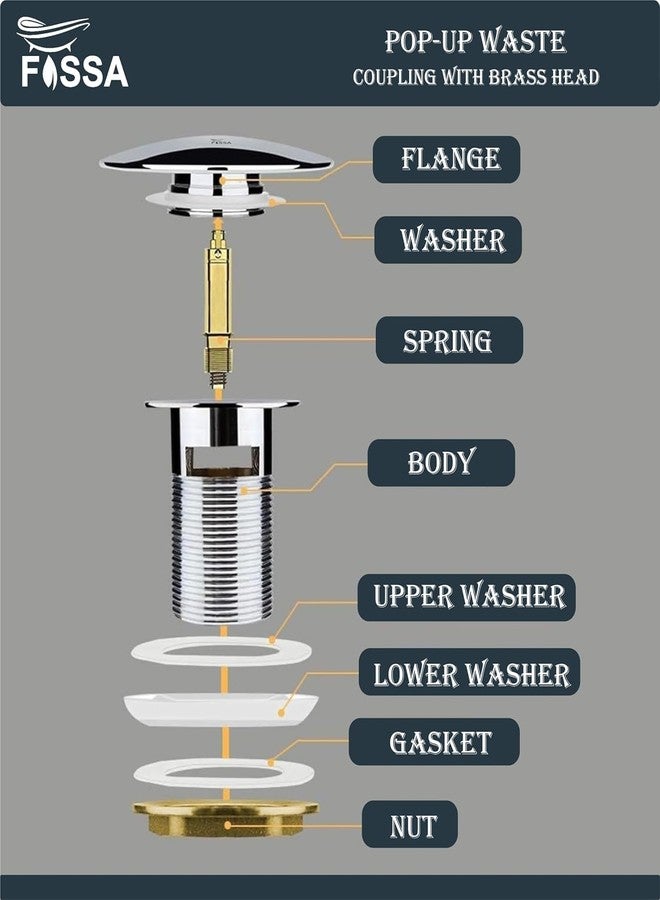 Fossa 3" Inch Brass Pop Up Waste Coupling with Smooth Push Button | Full Threaded Drain Outlet System for Basin & Sink | Durable Brass Body with Silver (Chrome Finish) - Image 3